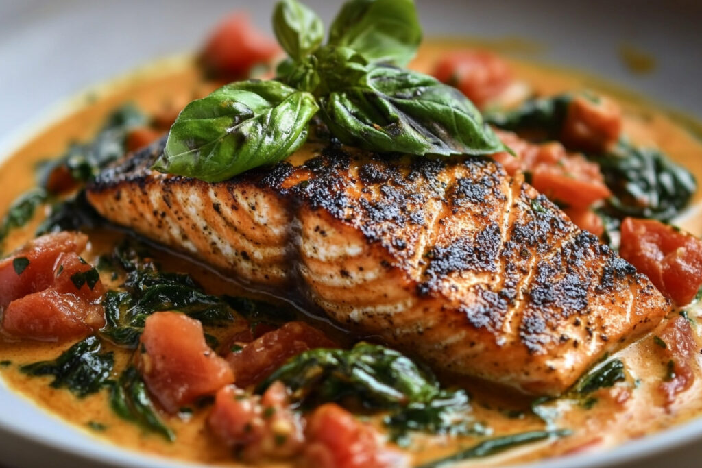 Blackened Salmon Filets with Mafaldine in Creamy Tomato Basil Sauce