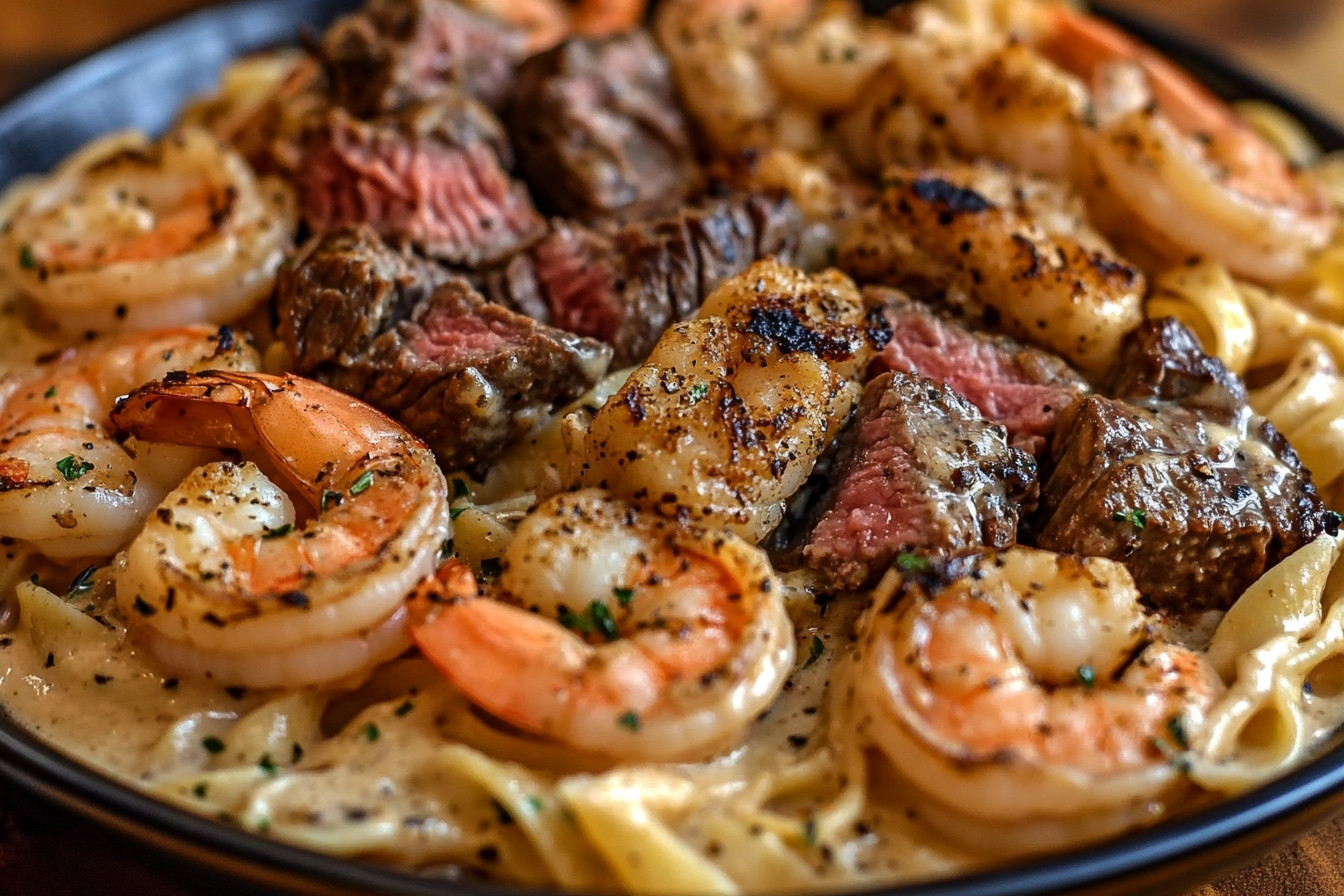 Cajun Shrimp and Steak Alfredo Pasta