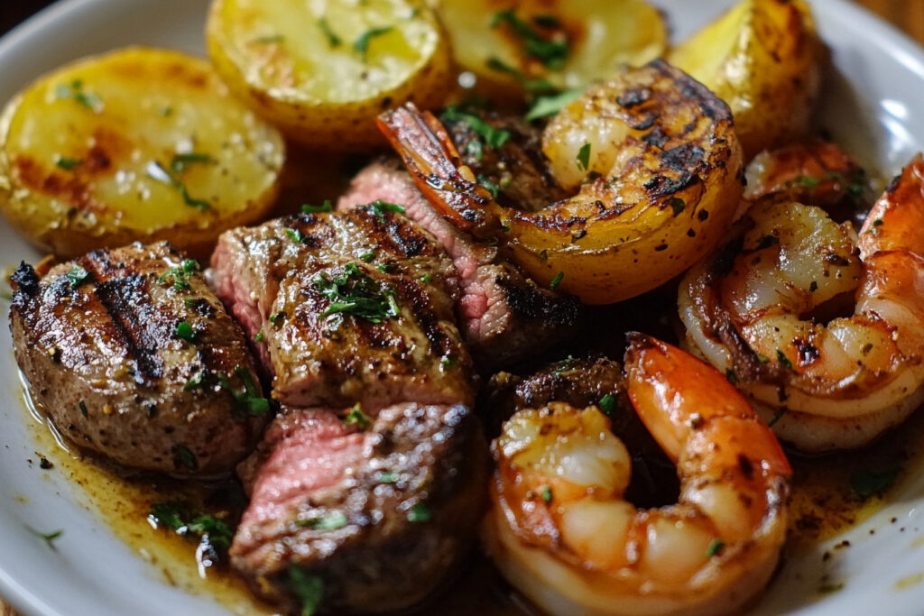 Grilled Lamb with Almond Shrimp and Roast Potatoes