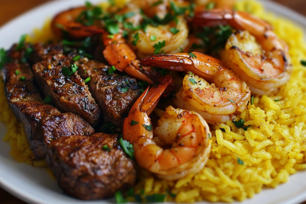 Jerk Steak & Shrimp over Yellow Rice