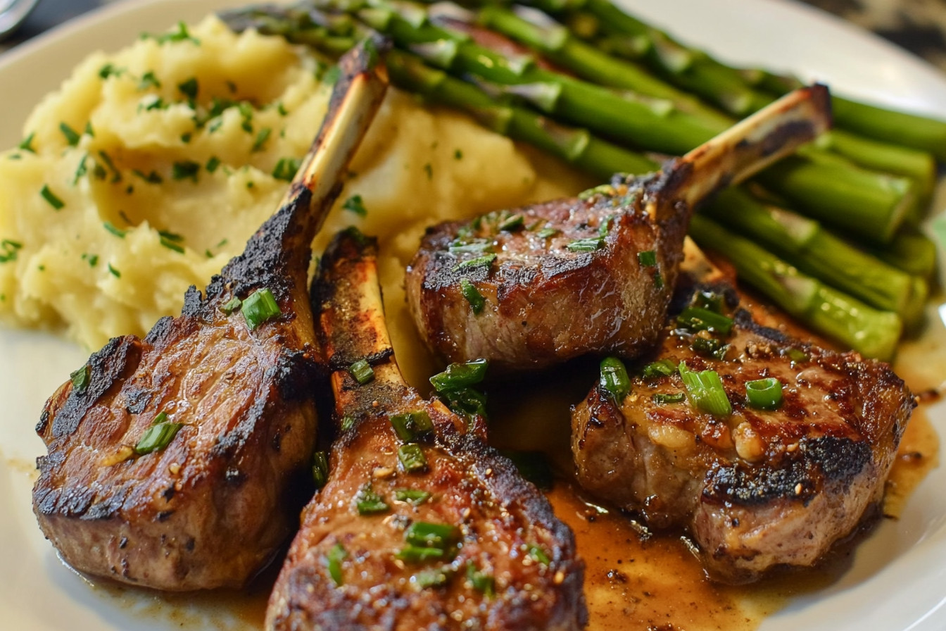 Lamb Chops over Lobster Mash with Asparagus