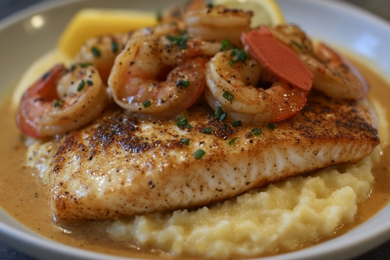 Red Snapper, Shrimp & Grits with a Cajun Cream Sauce