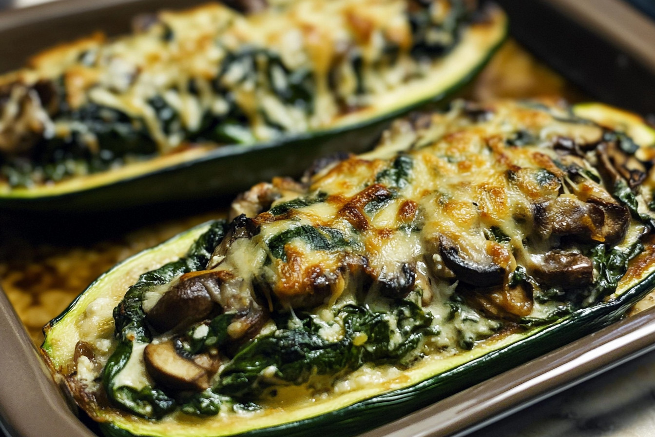 Spinach, Mushroom, and Ricotta Stuffed Zucchini Boats