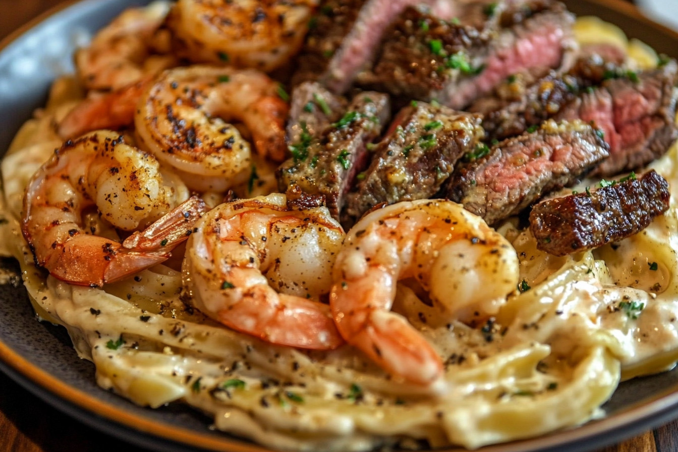 Cajun Shrimp and Steak Alfredo Pasta