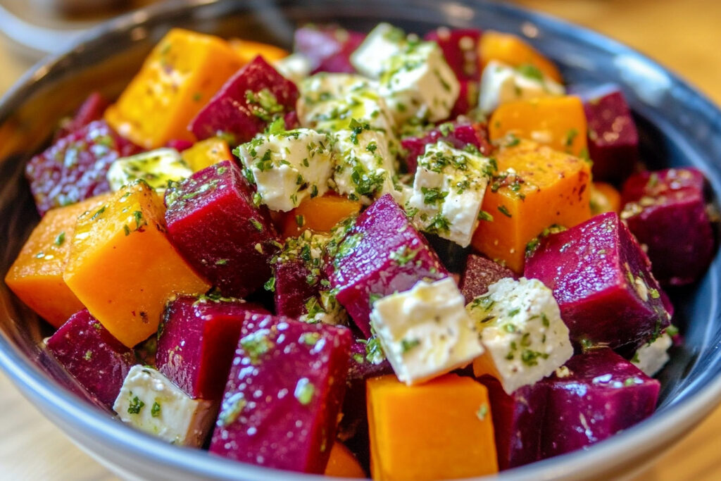 Creamy Roasted Beet, Sweet Potato, and Feta Salad