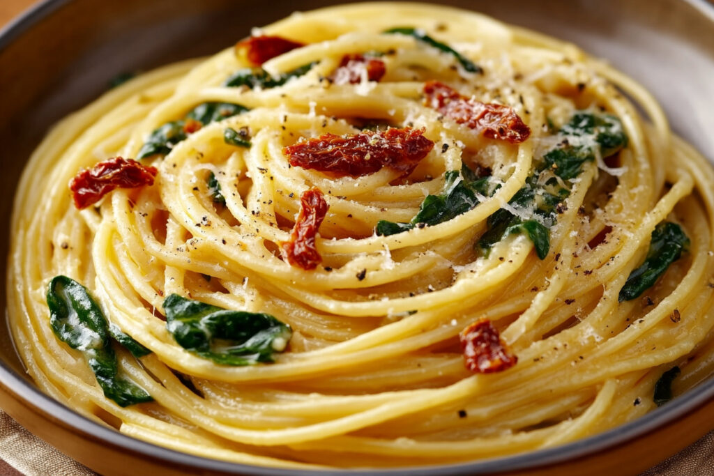 Spaghetti & Spinach with Sun-Dried Tomato Cream Sauce