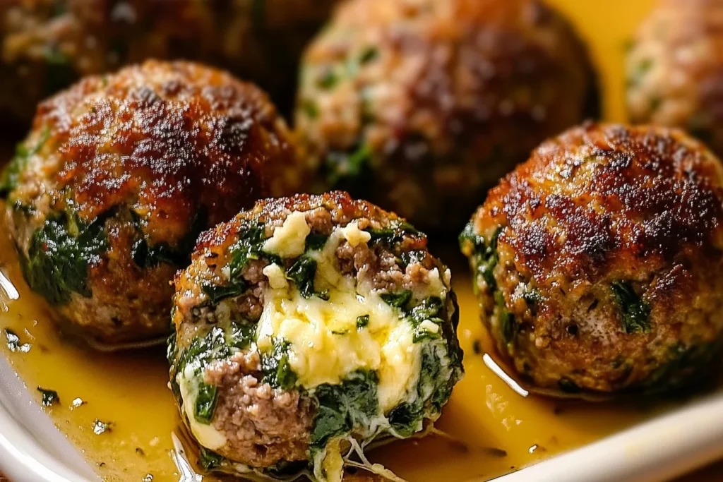 Spinach Garlic Meatballs Stuffed with Mozzarella